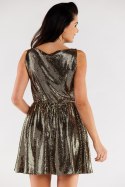 Sukienka rozkloszowana błyszcząca mini z gumką bez rękawów złota A562