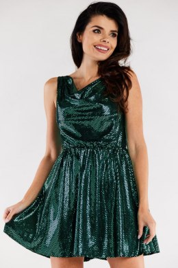 Sukienka rozkloszowana błyszcząca mini z gumką bez rękawów zielona A562