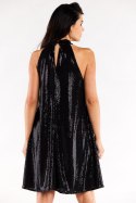 Sukienka błyszcząca na stójce rozkloszowana bez rękawów czarna A563