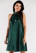 Sukienka błyszcząca na stójce rozkloszowana bez rękawów zielona A563