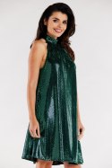 Sukienka błyszcząca na stójce rozkloszowana bez rękawów zielona A563