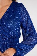 Sukienka cekinowa kopertowa z dekoltem V długi rękaw niebieska A565