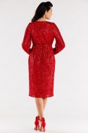 Sukienka cekinowa kopertowa z dekoltem V długi rękaw czerwona A565