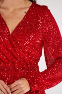 Sukienka cekinowa kopertowa z dekoltem V długi rękaw czerwona A565