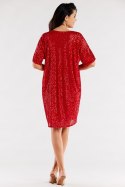 Sukienka luźna cekinowa z dekoltem V krótki rękaw czerwona A566