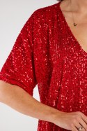 Sukienka luźna cekinowa z dekoltem V krótki rękaw czerwona A566