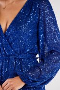 Sukienka kopertowa cekinowa midi z głębokim dekoltem niebieska A567