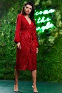 Sukienka kopertowa cekinowa midi z głębokim dekoltem czerwona A567