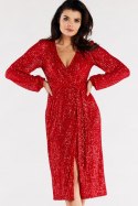 Sukienka kopertowa cekinowa midi z głębokim dekoltem czerwona A567