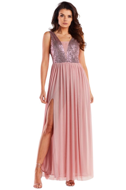Sukienka elegancka maxi na ramiączkach odkryte plecy cekiny różowa A486 Sukienka elegancka maxi na ramiączkach odkryte plecy cekiny różowa A486