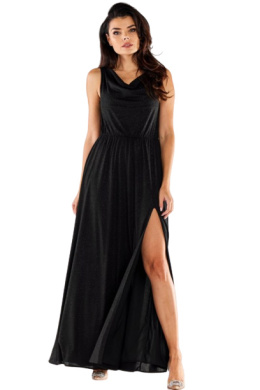 Sukienka brokatowa elegancka maxi bez rękawów rozcięcie czarna A553