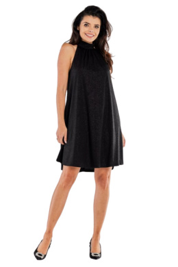 Sukienka mini rozkloszowana brokatowa na stójce bez rękawów czarna A556