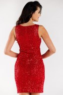 Sukienka mini dopasowana cekinowa bez rękawów dekolt V czerwona A484