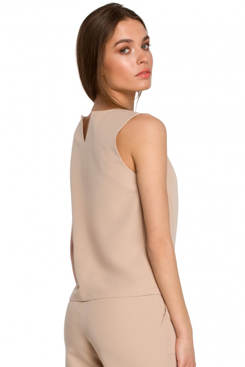 Elegancka bluzka damska krótka trapezowa bez rękawów L beżowa S257 Elegancka bluzka damska krótka trapezowa bez rękawów L beżowa S257