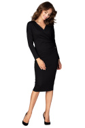 Elegancka sukienka midi z wiskozy z długim rękawem S czarna K477
