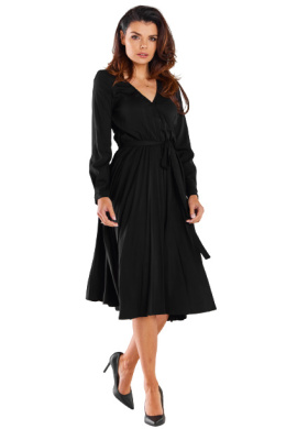 Sukienka midi rozkloszowana wiązana długi rękaw dekolt V czarna A471
