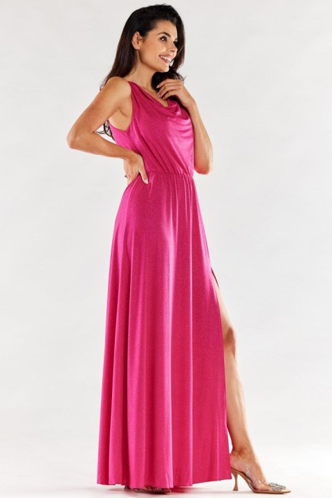 Sukienka brokatowa elegancka maxi bez rękawów rozcięcie fuksja A553 Sukienka brokatowa elegancka maxi bez rękawów rozcięcie fuksja A553