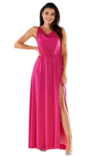 Sukienka brokatowa elegancka maxi bez rękawów rozcięcie fuksja A553 Sukienka brokatowa elegancka maxi bez rękawów rozcięcie fuksja A553