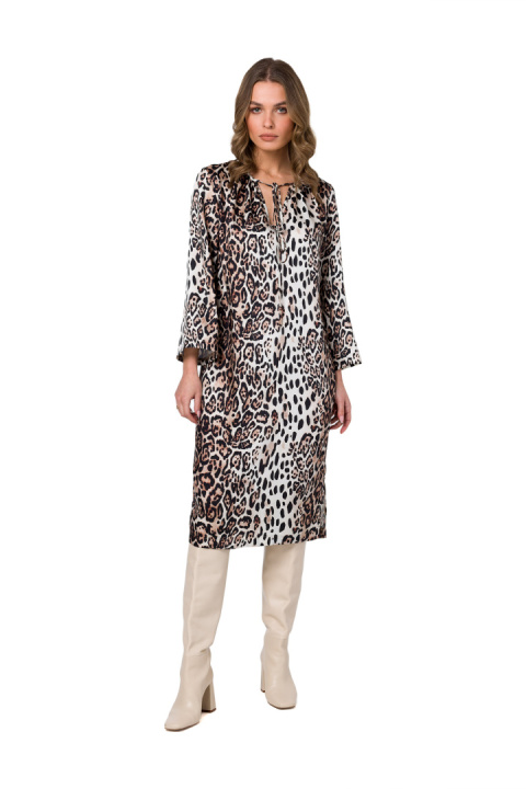 Sukienka midi typu kaftan satynowa pasek rękaw 7/8 dekolt V m2 S338 Sukienka midi typu kaftan satynowa pasek rękaw 7/8 dekolt V m2 S338