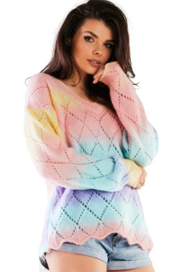 Sweter damski lużny ażurowy długi rękaw dekolt V kolorowy A443