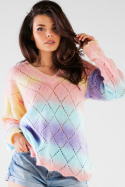 Sweter damski lużny ażurowy długi rękaw dekolt V kolorowy A443