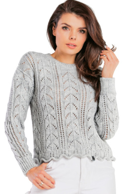 Sweter damski krótki ażurowy z długim rękawem szary A446