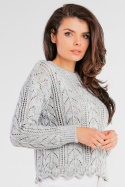 Sweter damski krótki ażurowy z długim rękawem szary A446