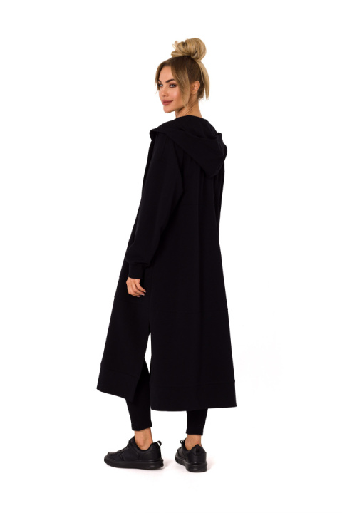 Długa bluza damska z kapturem jak parka rozpinana czarna me729 Długa bluza damska z kapturem jak parka rozpinana czarna me729