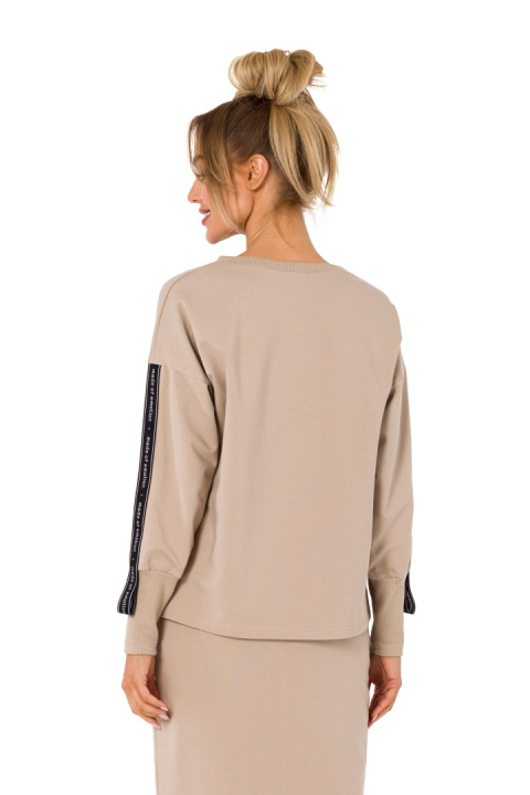 Bluza damska dresowa prosta z lampasami dzianinowa beżowa me727 Bluza damska dresowa prosta z lampasami dzianinowa beżowa me727
