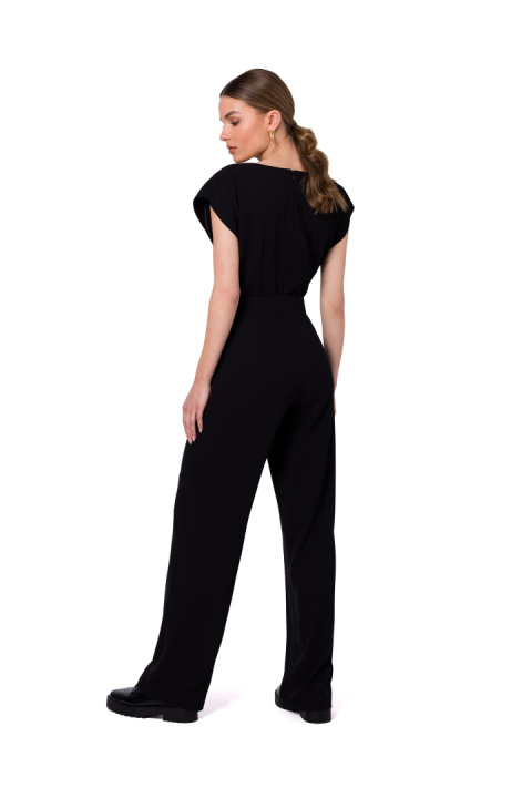 Kombinezon elegancki rozcięcie w dekolcie krótki rękaw czarny S339 Kombinezon elegancki rozcięcie w dekolcie krótki rękaw czarny S339