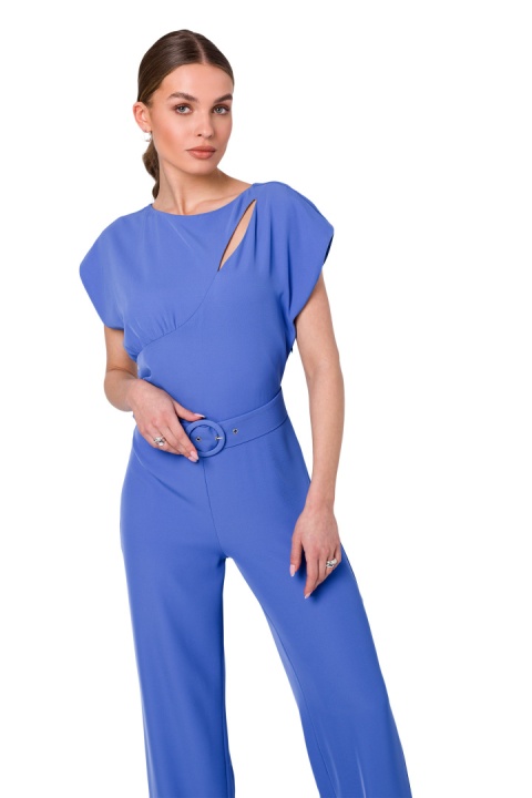 Kombinezon elegancki rozcięcie w dekolcie krótki rękaw niebieski S339 Kombinezon elegancki rozcięcie w dekolcie krótki rękaw niebieski S339
