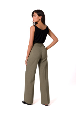 Eleganckie spodnie damskie na kant z szerokimi nogawkami oliwkowe B252