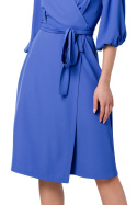 Sukienka kopertowa na zakładkę z wiązaniem midi dekolt V niebieska S340