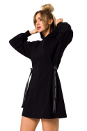 Sukienka dresowa mini z kapturem dzianinowa długi rękaw czarna me730