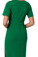 Sukienka midi dopasowana z paskiem krótki rękaw dzianina zielona B263