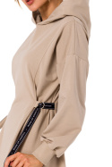 Sukienka dresowa mini z kapturem dzianinowa długi rękaw beżowa me730