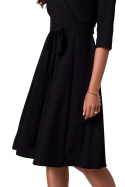 Sukienka kopertowa rozkloszowana midi rękaw 3/4 dekolt V czarna B255