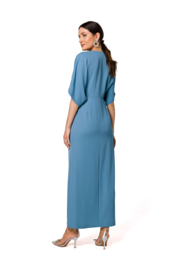 Sukienka maxi z rozcięciem głęboki dekolt V krótki rękaw niebieska K163