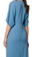 Sukienka maxi z rozcięciem głęboki dekolt V krótki rękaw niebieska K163