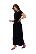 Sukienka maxi dzianinowa gumka w pasie krótki rękaw czarna B264