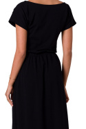 Sukienka maxi dzianinowa gumka w pasie krótki rękaw czarna B264