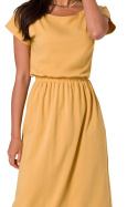 Sukienka maxi dzianinowa gumka w pasie krótki rękaw miodowa B264