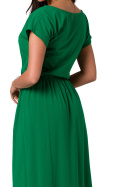 Sukienka maxi dzianinowa gumka w pasie krótki rękaw zielona B264