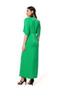 Sukienka maxi z rozcięciem głęboki dekolt V krótki rękaw zielona K163