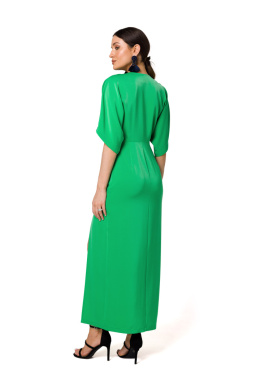 Sukienka maxi z rozcięciem głęboki dekolt V krótki rękaw zielona K163