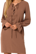 Sukienka midi ze sznurowaniem na przodzie długi rękaw czekoladowa me742