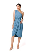 Sukienka midi bez rękawów asymetryczna na jedno ramię niebieska K160