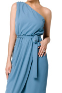 Sukienka midi bez rękawów asymetryczna na jedno ramię niebieska K160