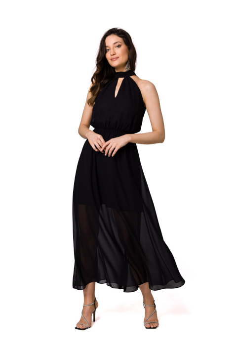 Sukienka szyfonowa maxi bez rękawów wiązana wokół szyi czarna K169