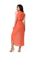 Sukienka szyfonowa maxi bez rękawów wiązana wokół szyi koralowa K169